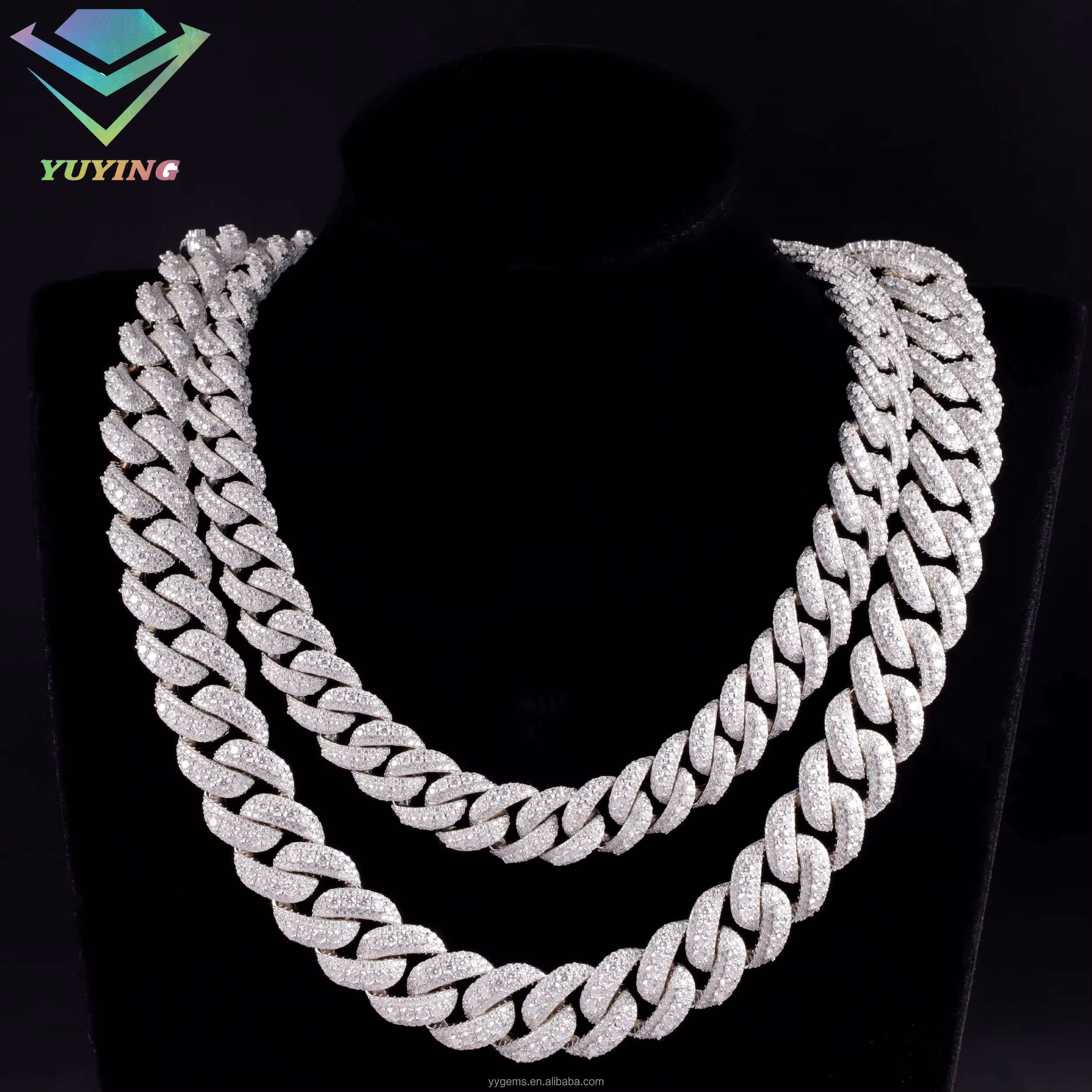 Large Moissanite Middle 14/16/18MM Wide Iced Out 3 Rows Cuban Link Chains Gold Plated 925 Silver VVS Moissanite Hip Hop Chains