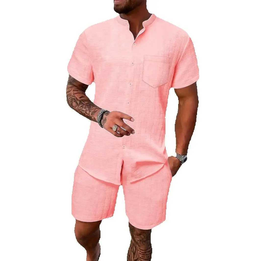2025 European and American mens summer stand up collar solid color casual short sleeved beach setXJ250412