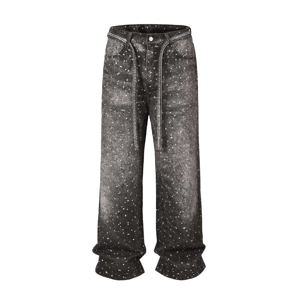 Full Rhie Print Washed Blue Baggy Jeans Mens And Women Ropa Hombre Streetwear Solid Casual Denim Trousers Loose Cargos