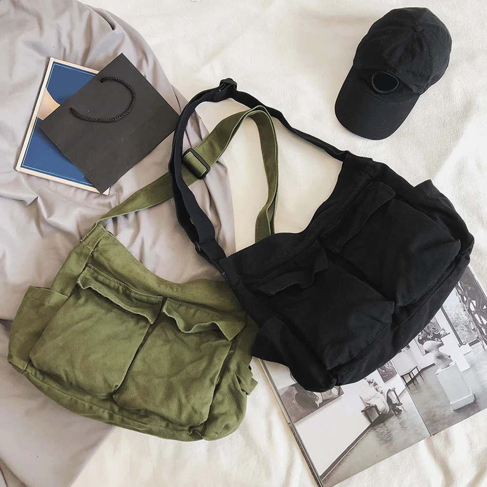 Womens retro canvas large capacity shoulder bag womens casual solid color handbag simple messenger bag 250411