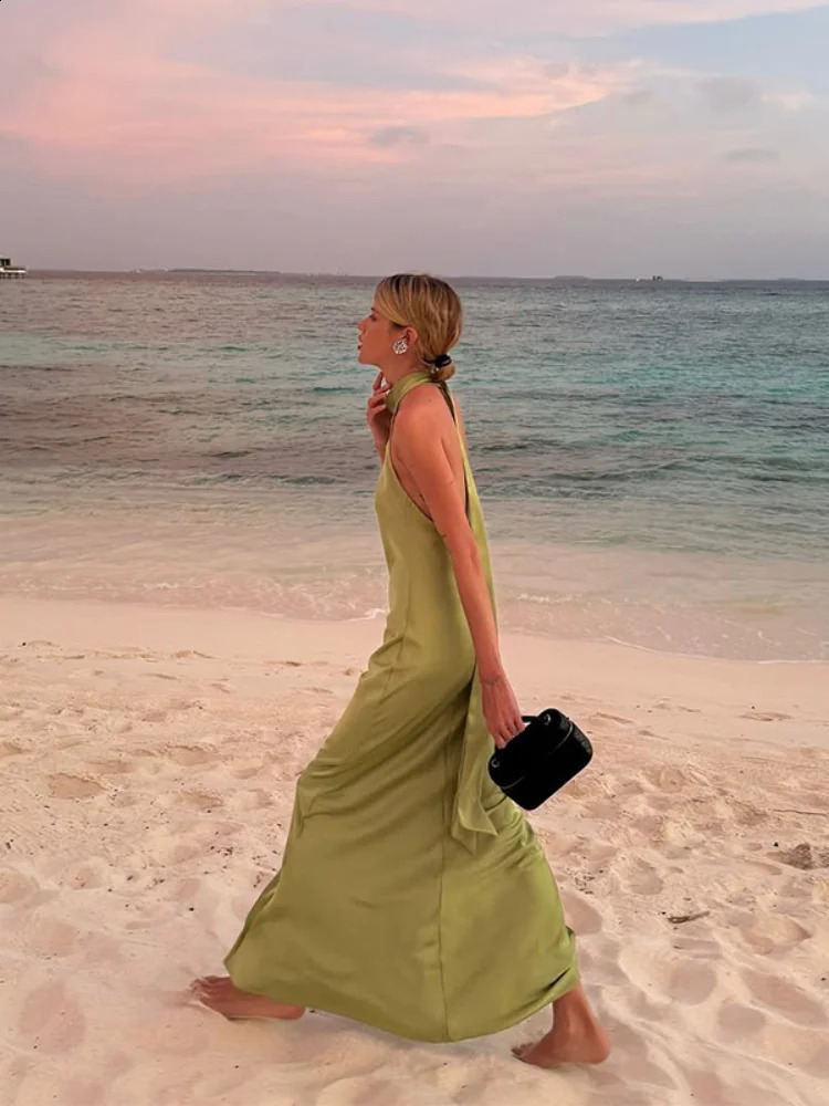 Elegant Green Satin Sleeveless Maxi Dress Chic Stand Neck Lace Up Backless Dresses Female Summer Vacation Beach Vestido 2025 250409