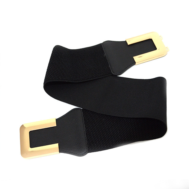 Fashionable minimalist women's black elastic wide waistband with gold buckle decorative skirt, coat, versatile and slim fit waist seal