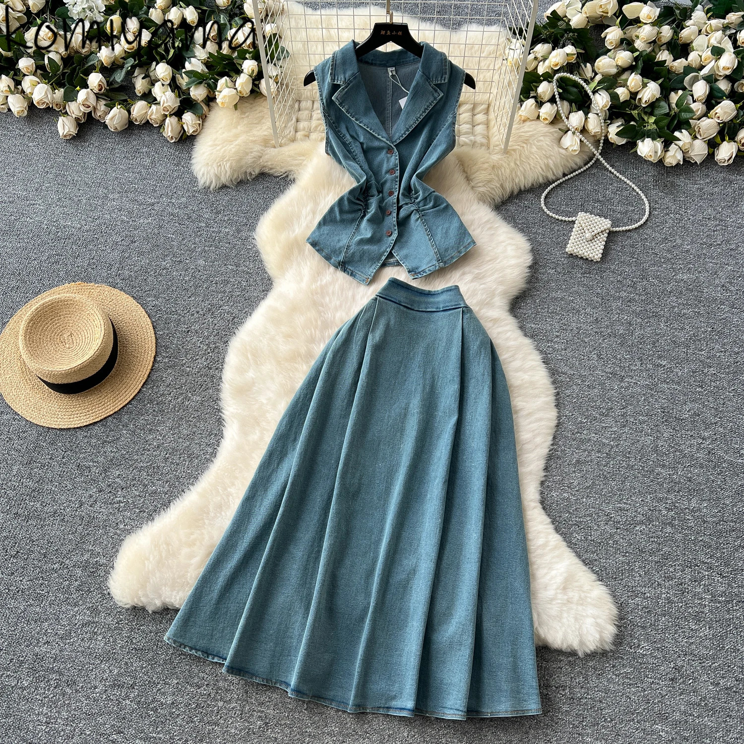 Denim 2 Piece Sets Woman Turn Down Collar Sleeveless Single Breasted Tops High Waist Pleated Skirt Summer 2025 Sweet Suit 250411