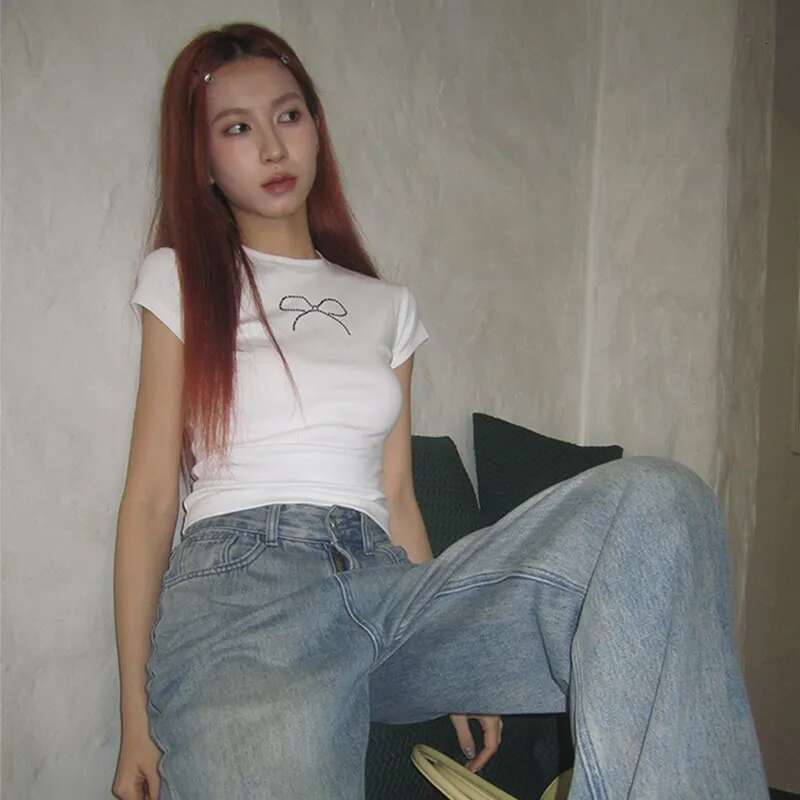 Summer Tops Women Punk Vintage Rhie Bow Tie T Shirt Y2k Clothes Haruku O-Neck Short Sleeve White Goth Fashion Crop Top
