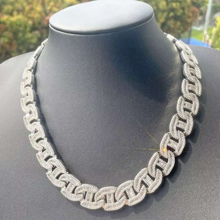 Hip-hop Trendy 16MM Wide S925 Silver Baguette Moissanite Diamond Cuban Link Chain Necklace