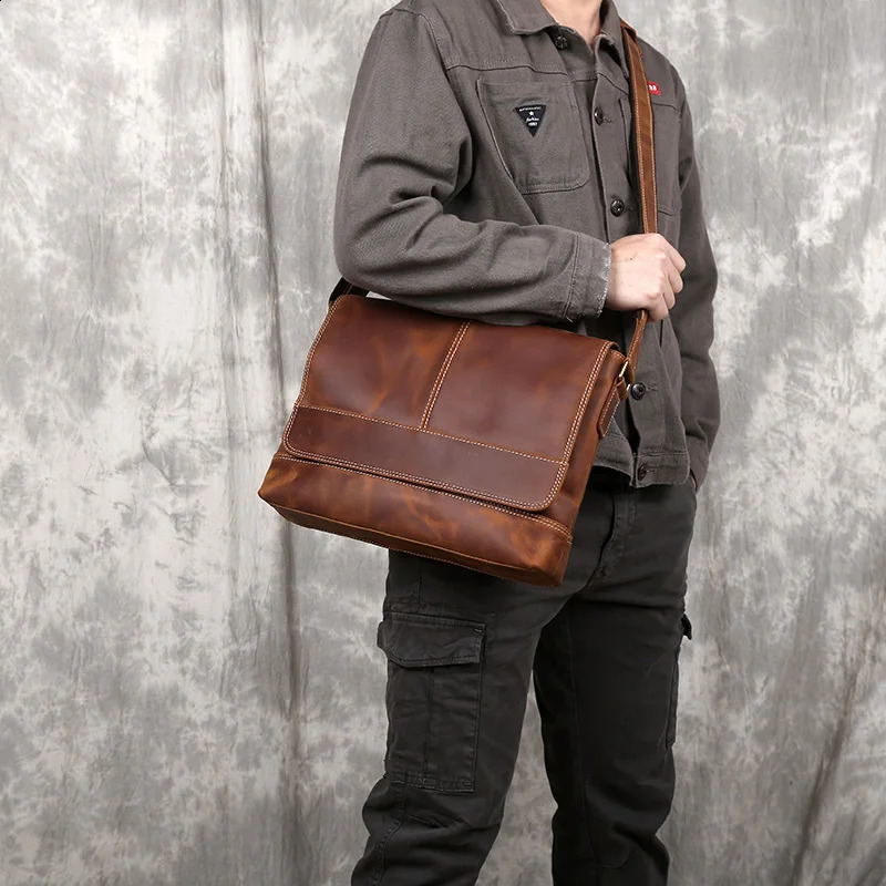 NZPJ Leather Mens Shoulder Bag Retro Top Layer Cowhide A4 File Mens Bag Brown Handmade Crazy Horse Leather Messenger Bag 250407
