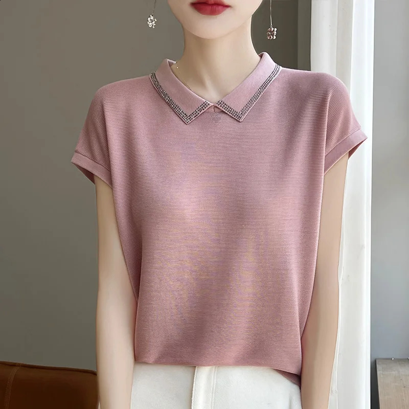 Summer Womens Lyocell POLO Lapel Short-sleeved T-shirt Breathable Loose Thin Top 250411