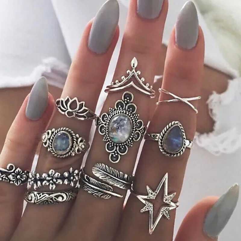 11 pieces/set Bohemian retro silver gothic aesthetic retro carved feather flower leaf butterfly ring setXJ250412