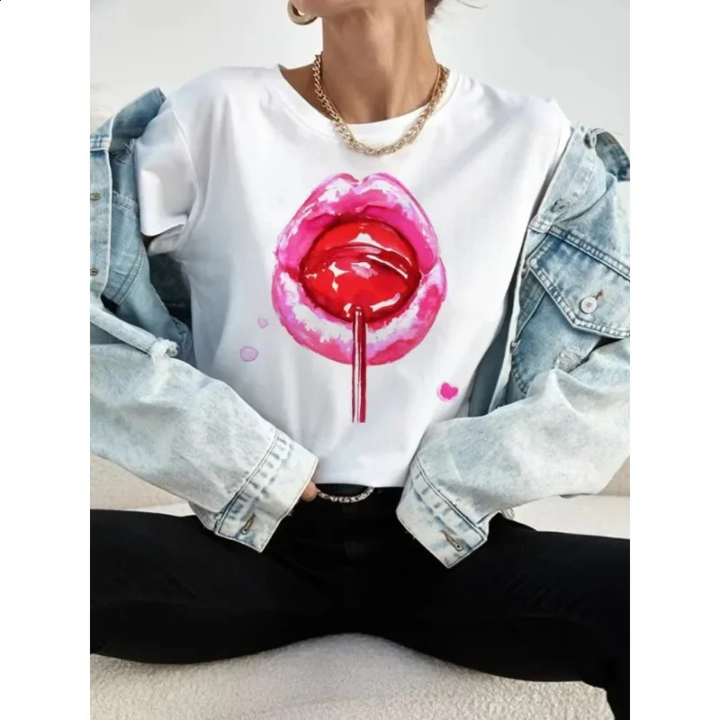 Maycaur womens T-shirt casual round neck top Harajuku fashion cherry lip print top Kawaii short sleeved womens T-shirt 250410