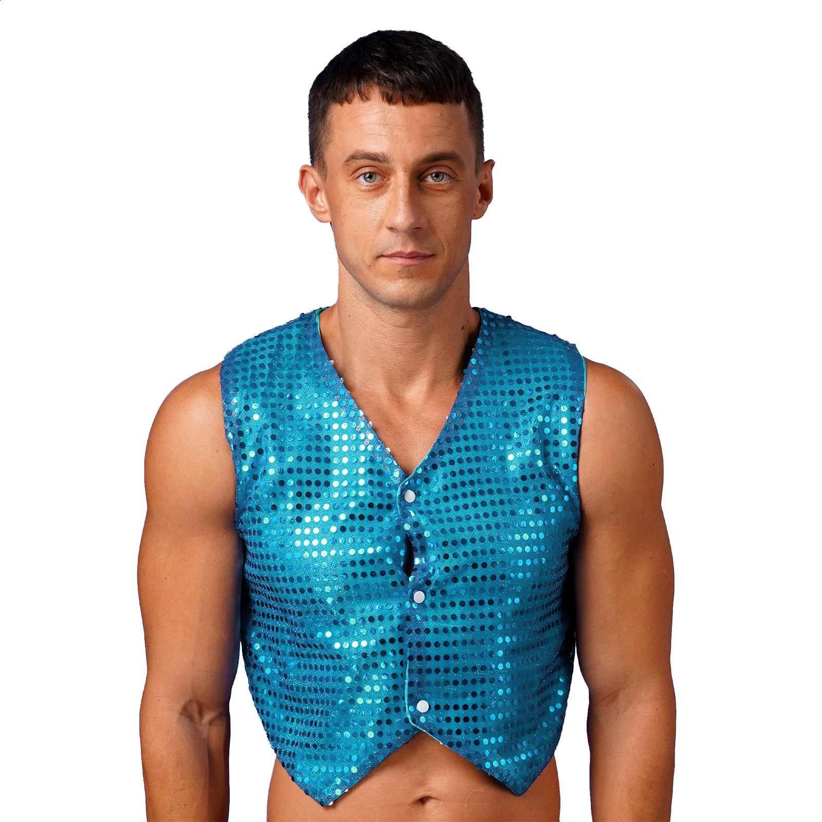 Mens Glittery Sequins Disco Rave Vest Tops Jazz Latin Modern Dance Stage Performance Costume Shiny Sequined Sleeveless Waistcoat 250407