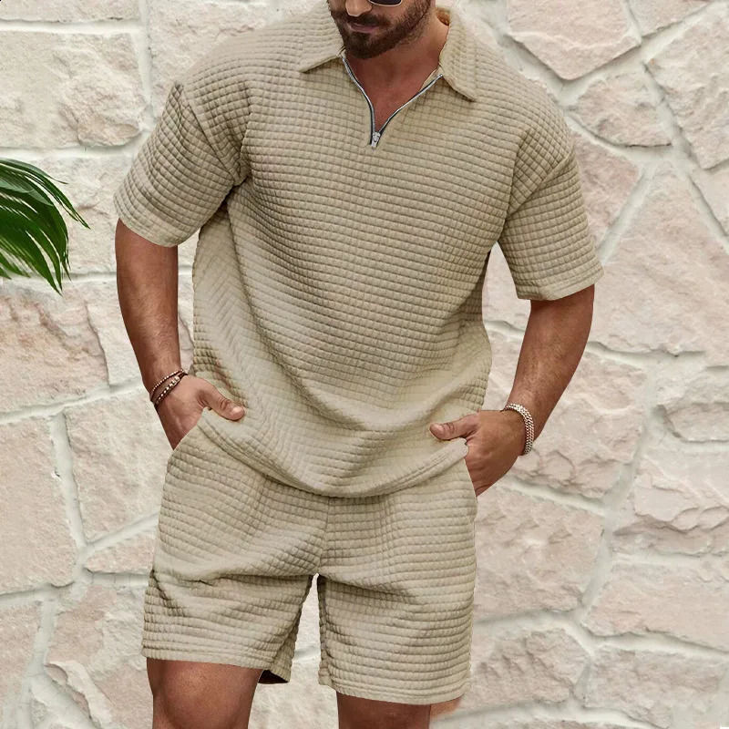 Summer Mens Casual Trend Fashion and Comfortable Solid Color Polo Sports Set 250411
