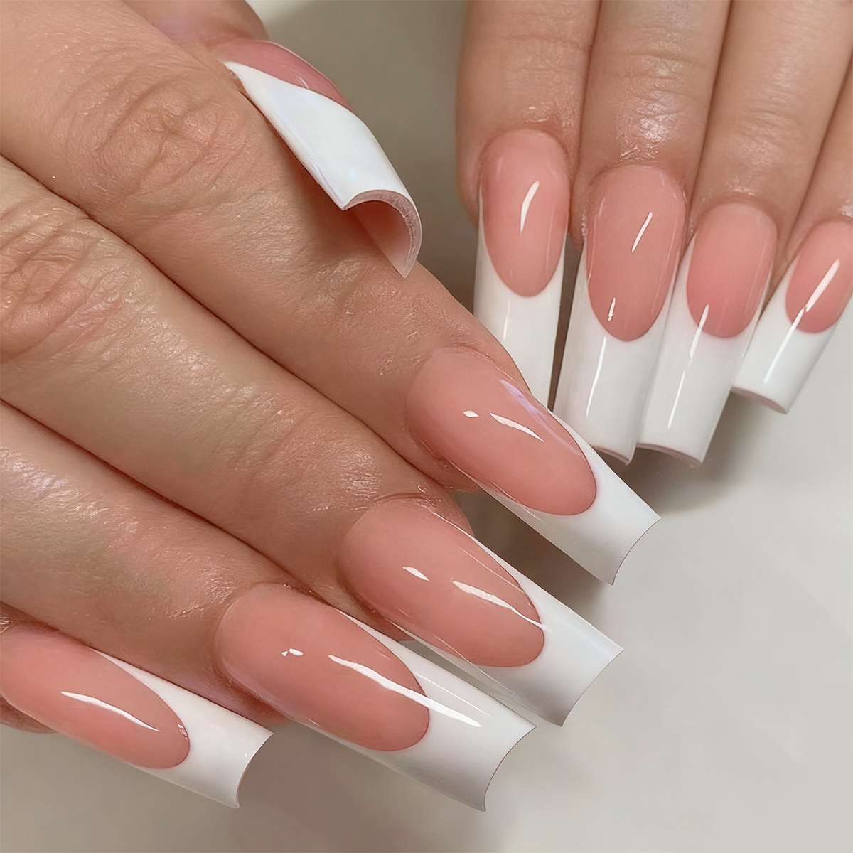 32pcs Square Medium-Length French White Coffin Acrylic Nails - Full Set with Press-On Application