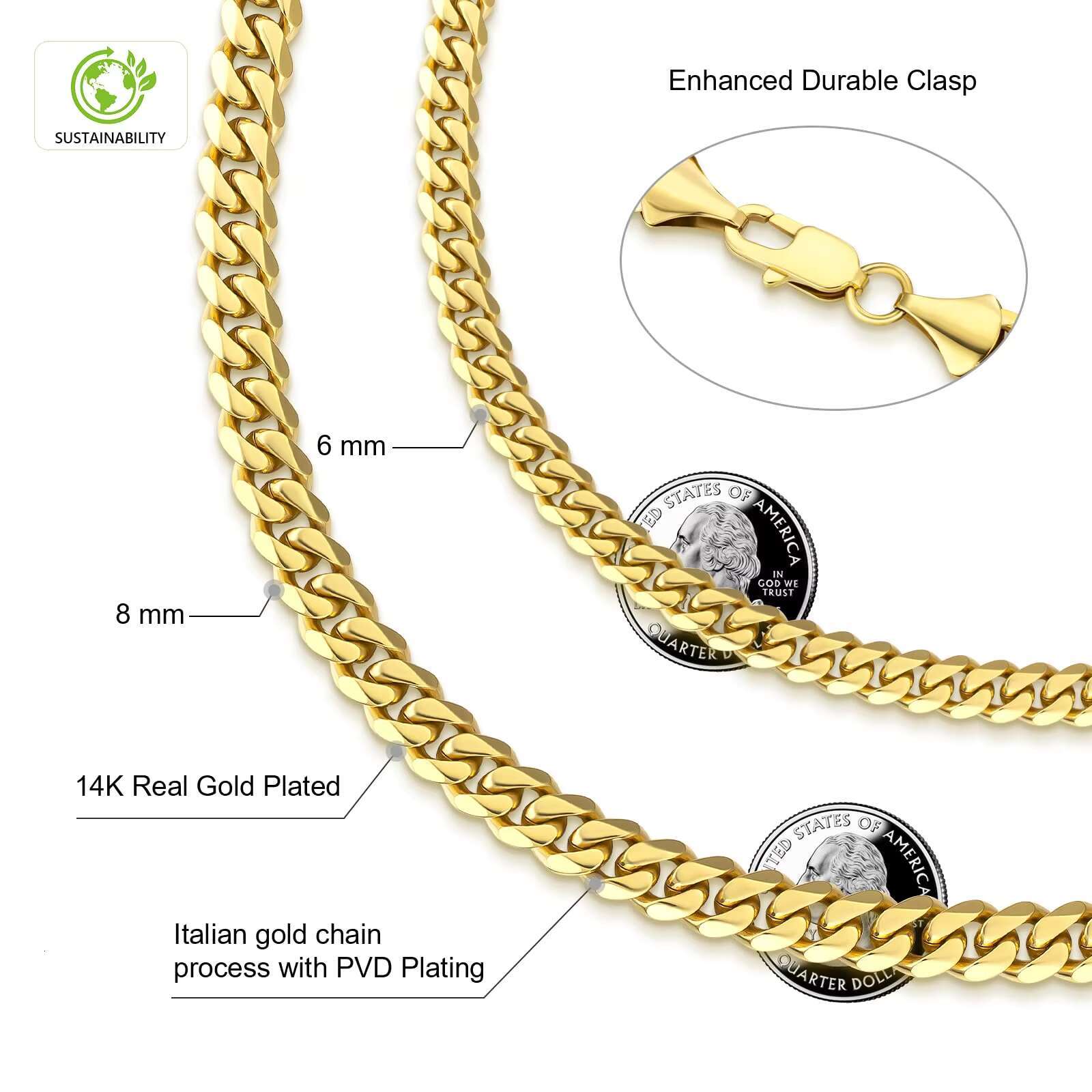 Real 14k gold filled chain jewelry stainless steel 3/5/6/8mm solid cut Miami Cuban k edge men's and women's necklace