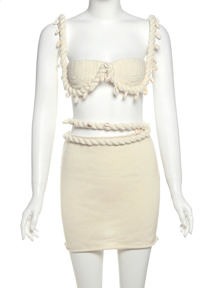 Weird Puss Crochet Applique Patchwork 2 Piece Set Women Sexy Backless Crop TopsBandage Hollow Skirts Vacation Beach Party Suits 250411