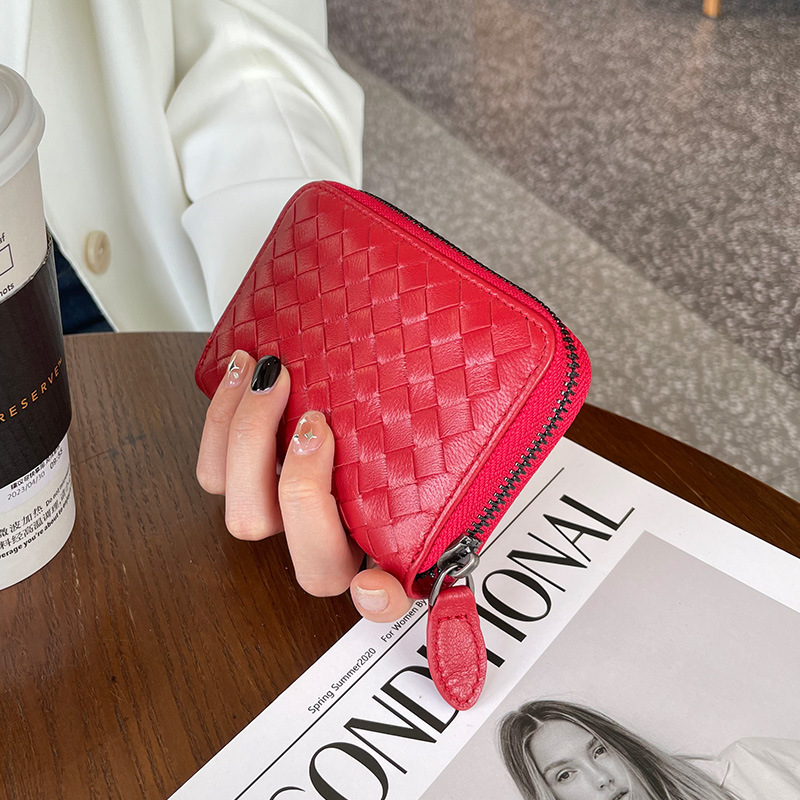 2025 new Genuine leather women's coin purse and card holder integrated bag sheepskin hand-woven with zipper large-capacity card clip