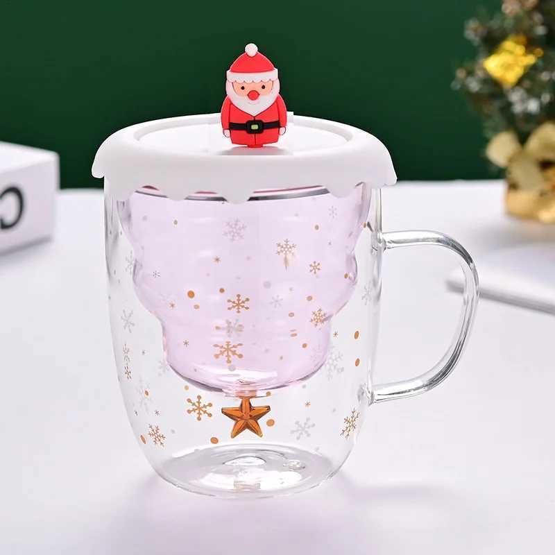 Christmas 300ml Christmas Theme Pink Green Blue Grey Double Wall Glass Cup with Silicone Lid Snow Man Christmas Tree Santa Decor 1 Piece Y251112