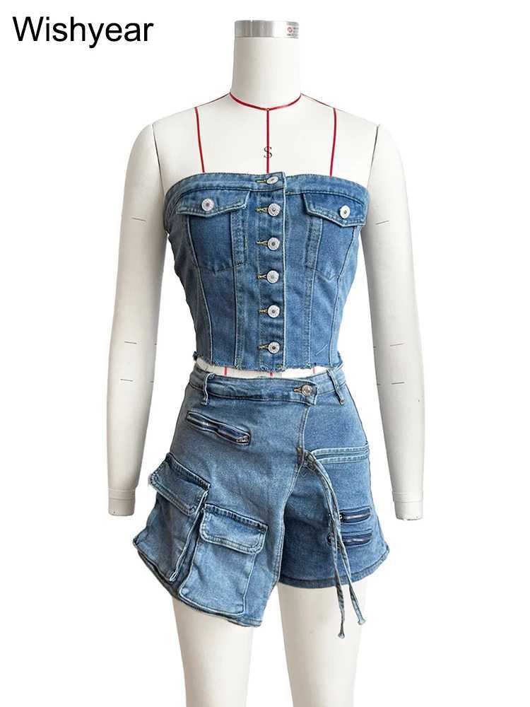 Fashion pocket irregular shorts and tube top 2-piece set denim stretch womens summer birthday club womens clothingXJ250411