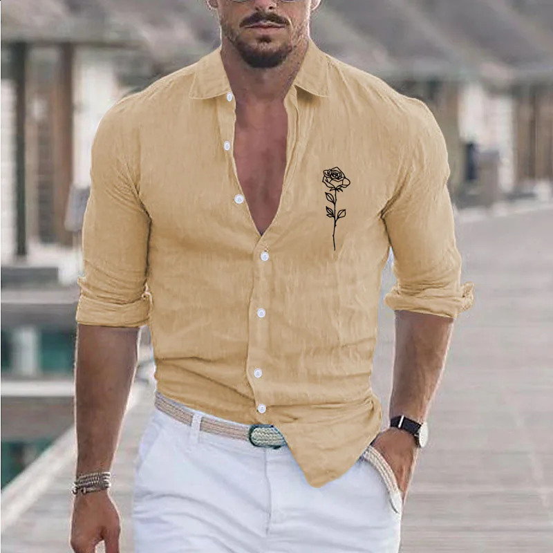 Mens Summer Cotton And Linen Lapel Beach Shirt Long Sleeve Solid Color Hawaiian Holiday Clothing Rose Pattern Shirt 250411