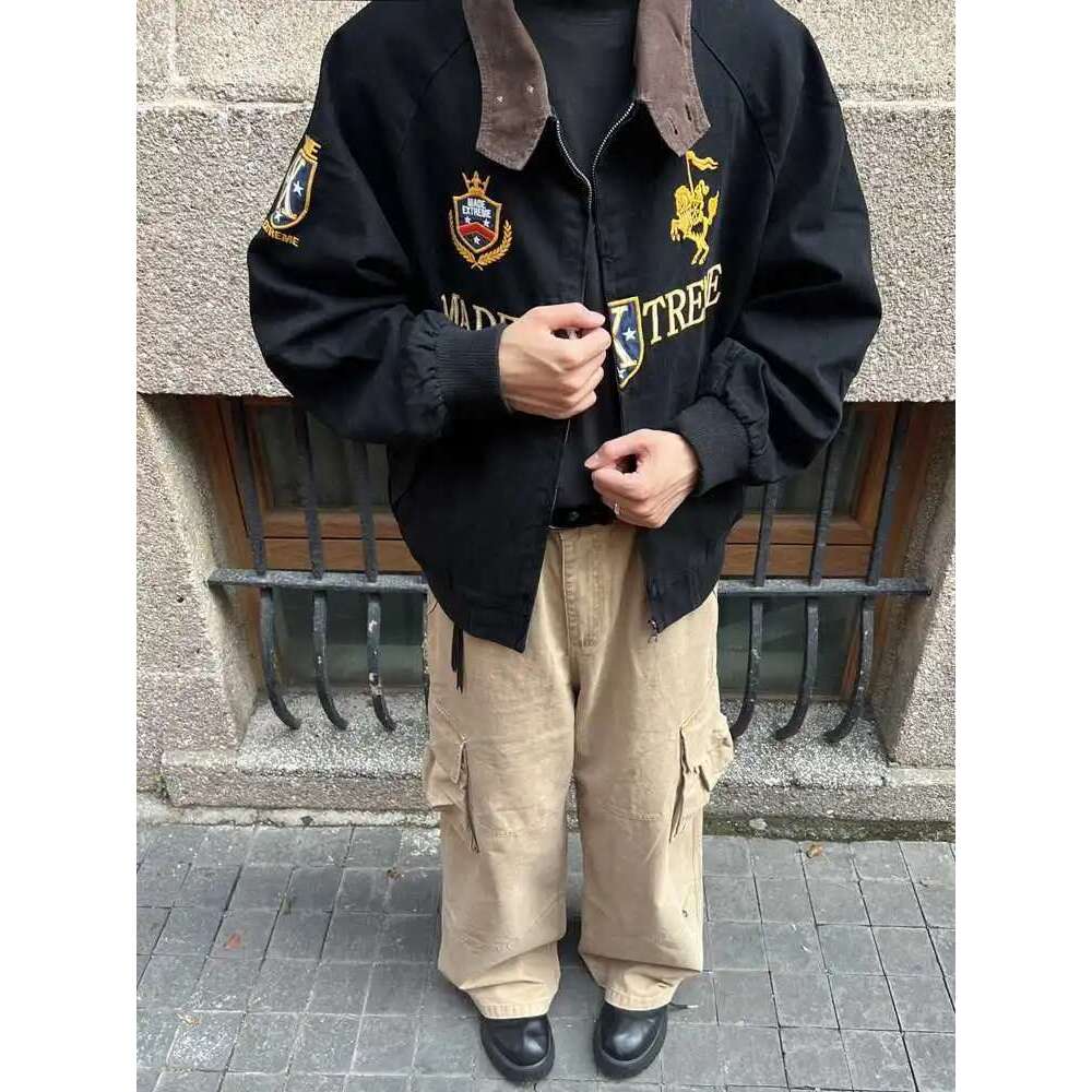 American Retro Bomber Niche High-End Autumn Winter Zipper Lapel Jacket Men's Detroit Workwear Embroidered Letter Coat
