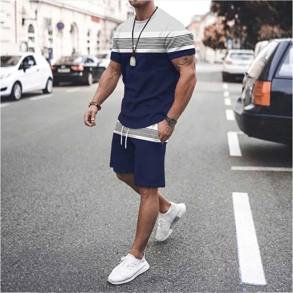 New mens sportswear T-shirt line 3D printing casual plus size track and field clothing mens summer clothing mens two-piece setXJ250412