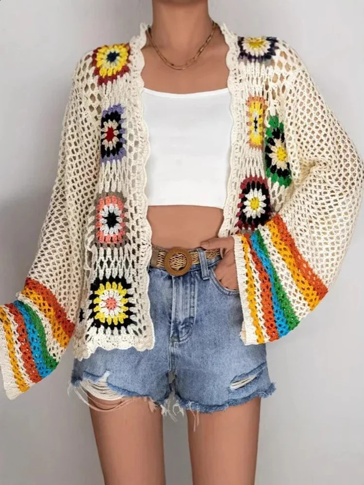Abrini Women Vintage Boho Long Sleeves Cardigan Chic Floral Hollow Knitted Shirt Casual Beach Vacation Women Cardigan Coat 250411