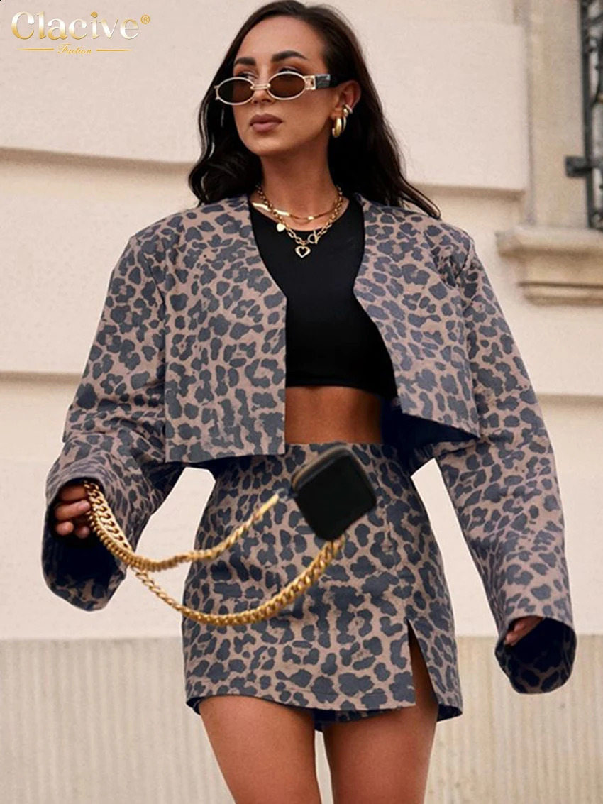 Clacive Fashion Loose Leopard Print Skirts Sets For Women 2 Pieces 2025 Sexy Long Sleeve Crop Top With High Waist Mini Skirt Set 250411