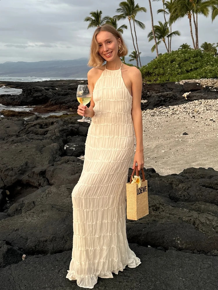 Elegant Halter Long Dress Women Solid Lace Up Backless Sleeveless Loose Holiday Dresses Female 2025 Summer Lady Beach Vestidos 250409