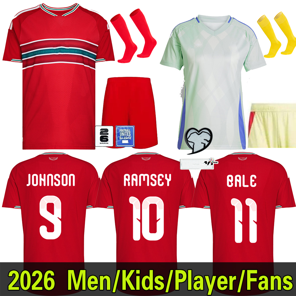 2025 2026 2027 Wales soccer jerseys JAMES BALE 26 27 Home Away Welsh football shirts JOHNSON N.WILLIAMS RODON T.ROBERTS CABANGO LEVITT MOORE THOMAS Men kids kit jerseys