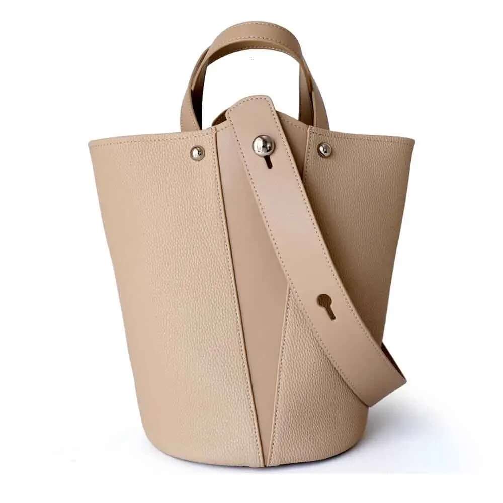 MS Fashion Genuine Leather Bucket Bags For Women Patchwork Handbag Shoulder Unique Shape Lady Basket Bag 2023