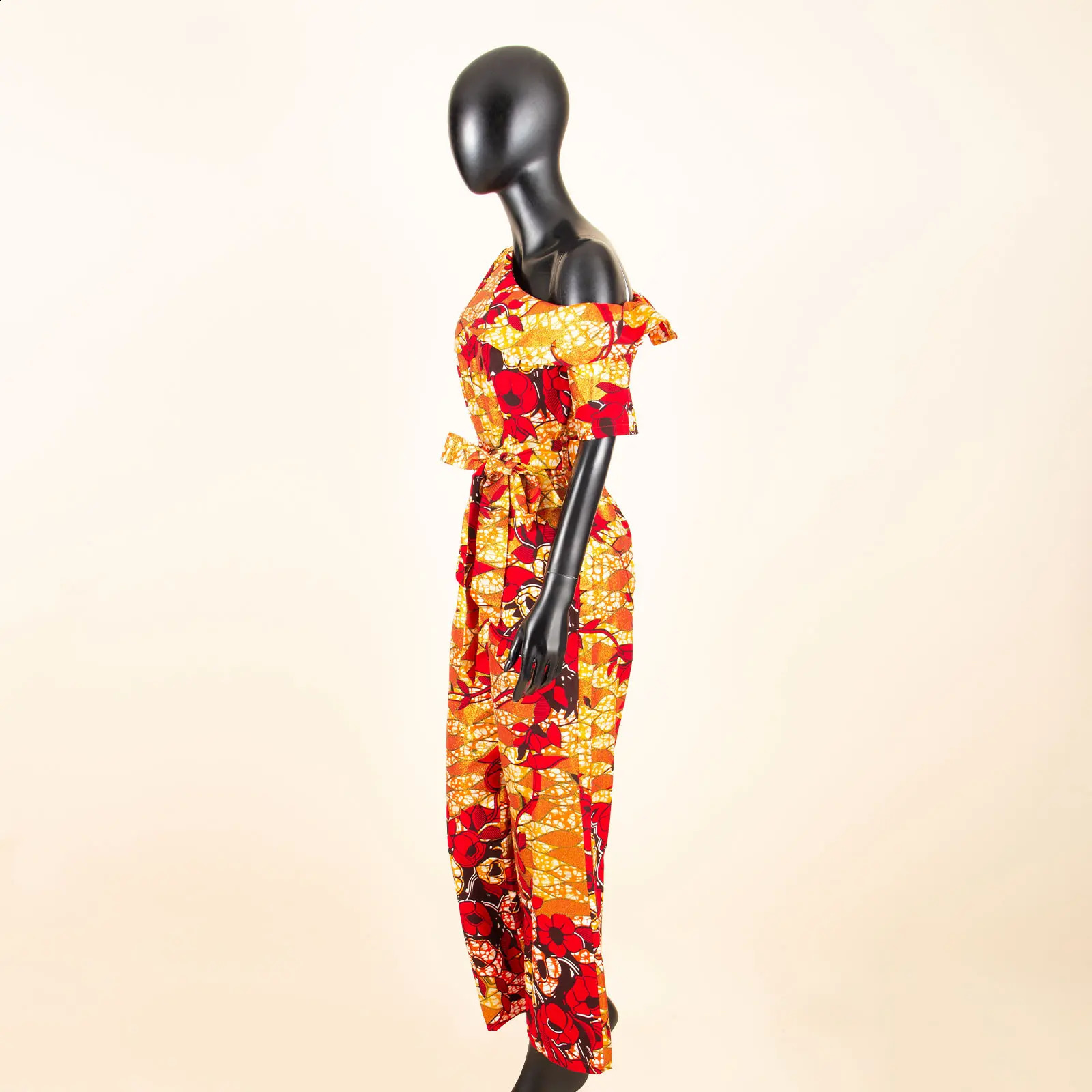 African Womens Dashiki Printed Skull Neck High Waist Cotton jumpsuit Fashion One Piece Set 250411