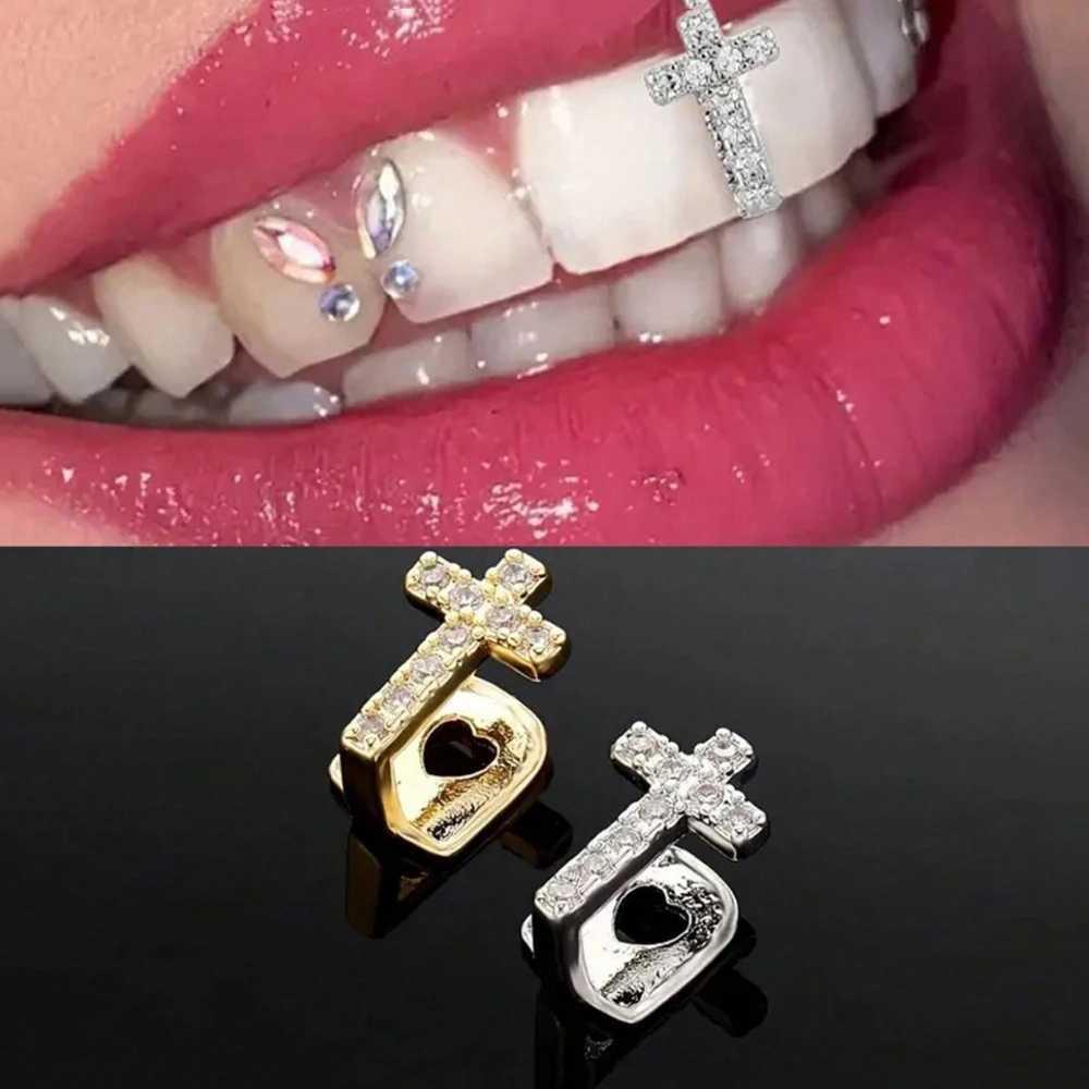 Hip hop glitter copper cross stone teeth Grilz cubic zircon hat mens jewelry Unsiex top charm grill W250412