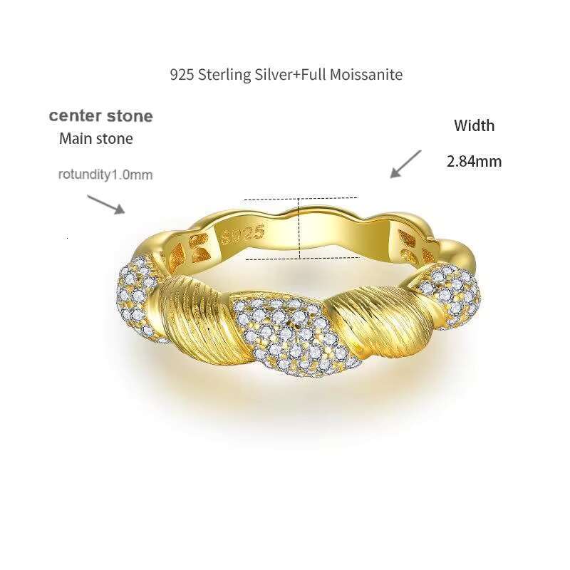 Italian Buchellati Brushed Full Diamond S925 Silver Jewelry 18K Gold Plated Moissanite Diamond Ring for Ladies