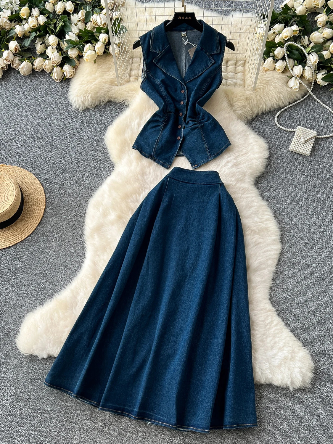 Denim 2 Piece Sets Woman Turn Down Collar Sleeveless Single Breasted Tops High Waist Pleated Skirt Summer 2025 Sweet Suit 250411