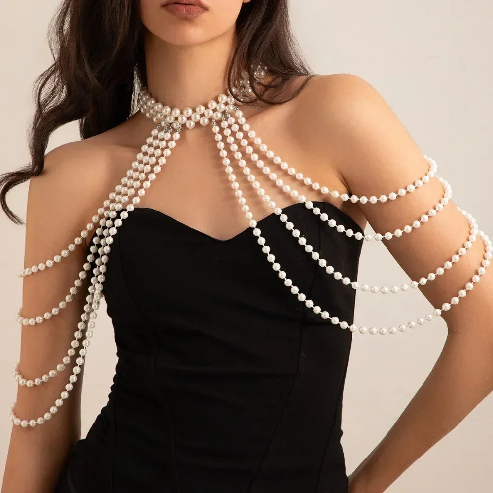 Sexy Imitation Pearl Body Chain for Women Big Necklaces Shawl Female Beaded Collar Shoulder Sweater Long Chain Bridal Jewelry 250407