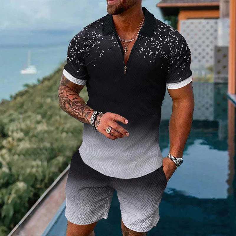 Fashion mens zipper solid color gradient print mens sportswear set summer casual zipper polo shirt and shorts 2-piece setXJ250412