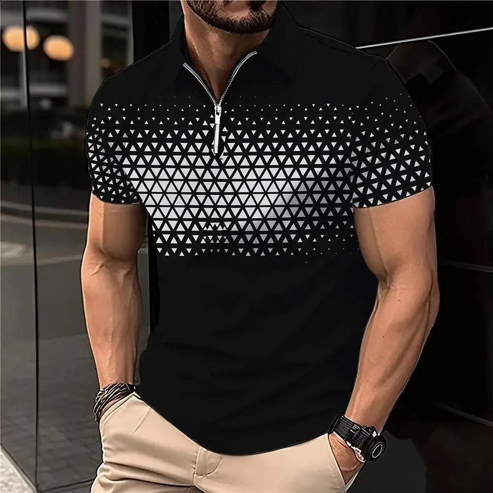 summer mens T-shirt short sleeves lapel letters printed buttons striped polo tee fashionable zipper top 250411