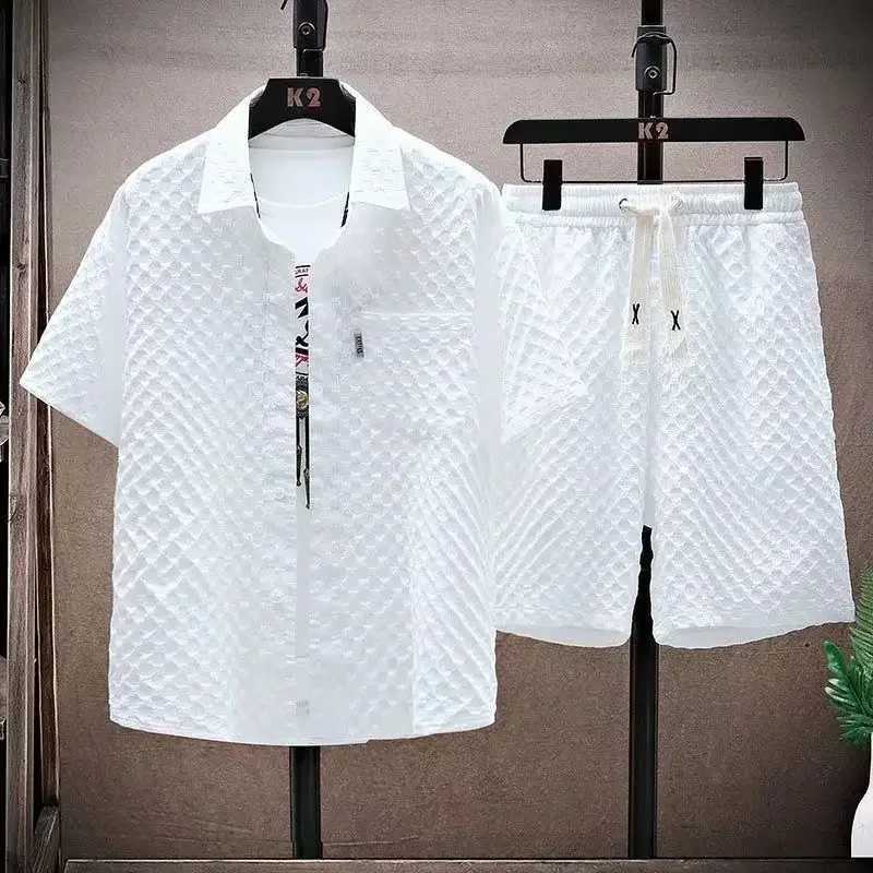 Mens set high-quality ice silk plain short sleeved lapel shirt two-piece set mens luxury casual oversized clothingXJ250412