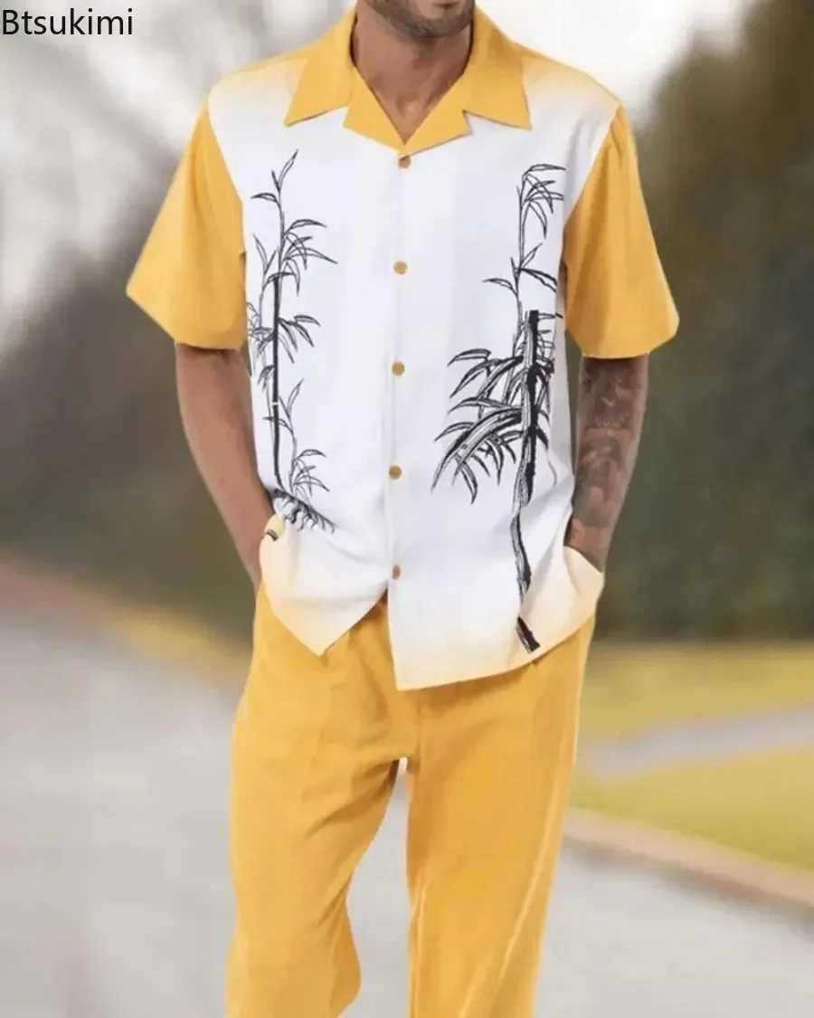 New mens shirt set 3D printed retro Harajuku fashion mens casual breathable lapel short sleeved shirt+pants 2-piece song setXJ250412