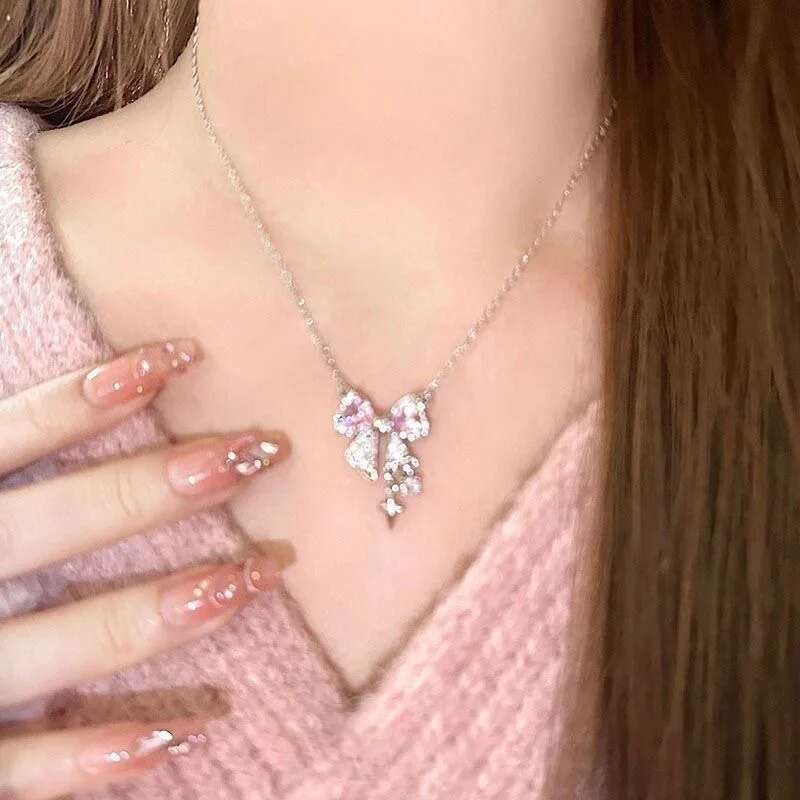 Sweet Pink Bow Necklace Ladies Fashion Sparkg Rhie Star Shape Pendant Clavicle Chain Delicate Wedding Accesories