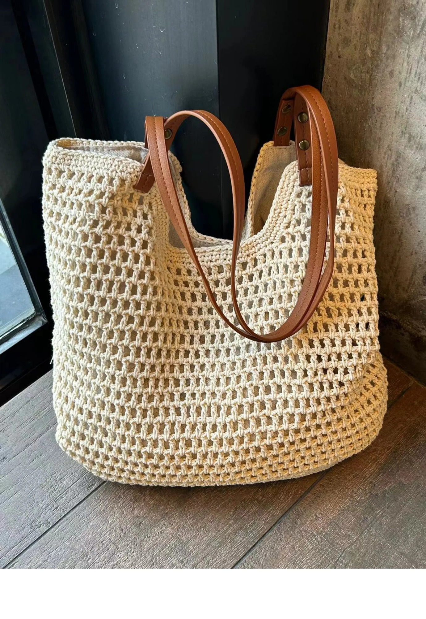 Leisure hollow mesh large capacity hand-held tote bag cotton woven shoulder bag summer Bali beach vacation womens bag 250407