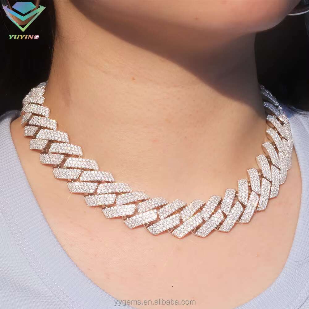 Yu Ying Jewelry Men 20mm Wide 3 Rows Cuban Chain Set Iced Out Hiphop White Gold Plated 925 Silver Moissanite Cuban Link Chain