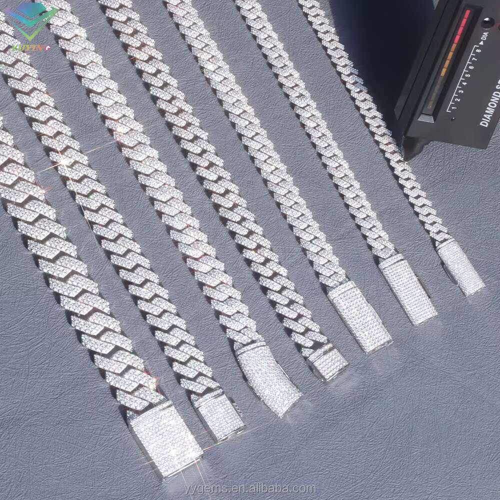 18k Gold Plated 100% Pass Tester 2rows VVS Moissanite 8mm-15mm Wide 925 Silver Cuban Link Chain for Hip Hop Rapper Jewelry