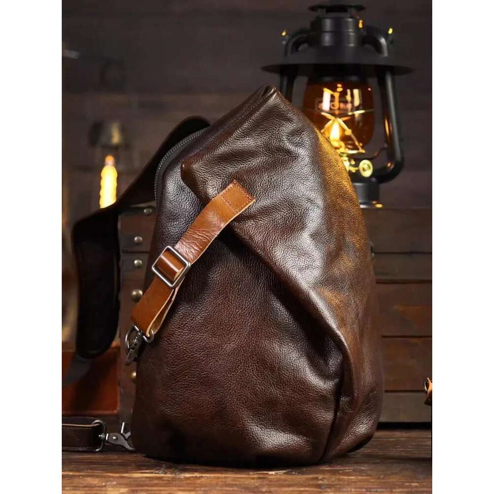 New Designer Mens Large Capacity Chest Wide Strap Cowhide Genuine Leather Shoulder Bag Male Casual Travel Crossbody Bags