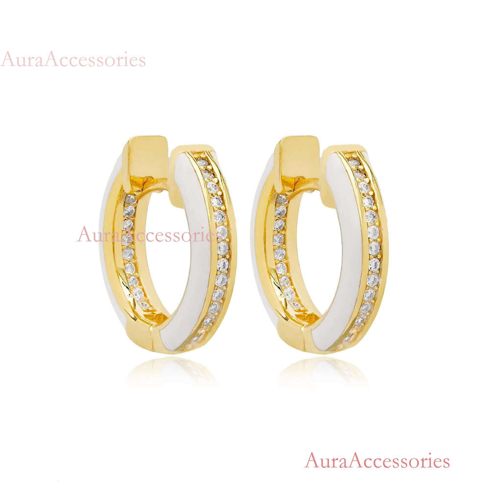 White Enamel Design Shiny Zircon Stone Hoop Earrings Turkish Handcrafted Wholesale Sterg Sier Jewelry