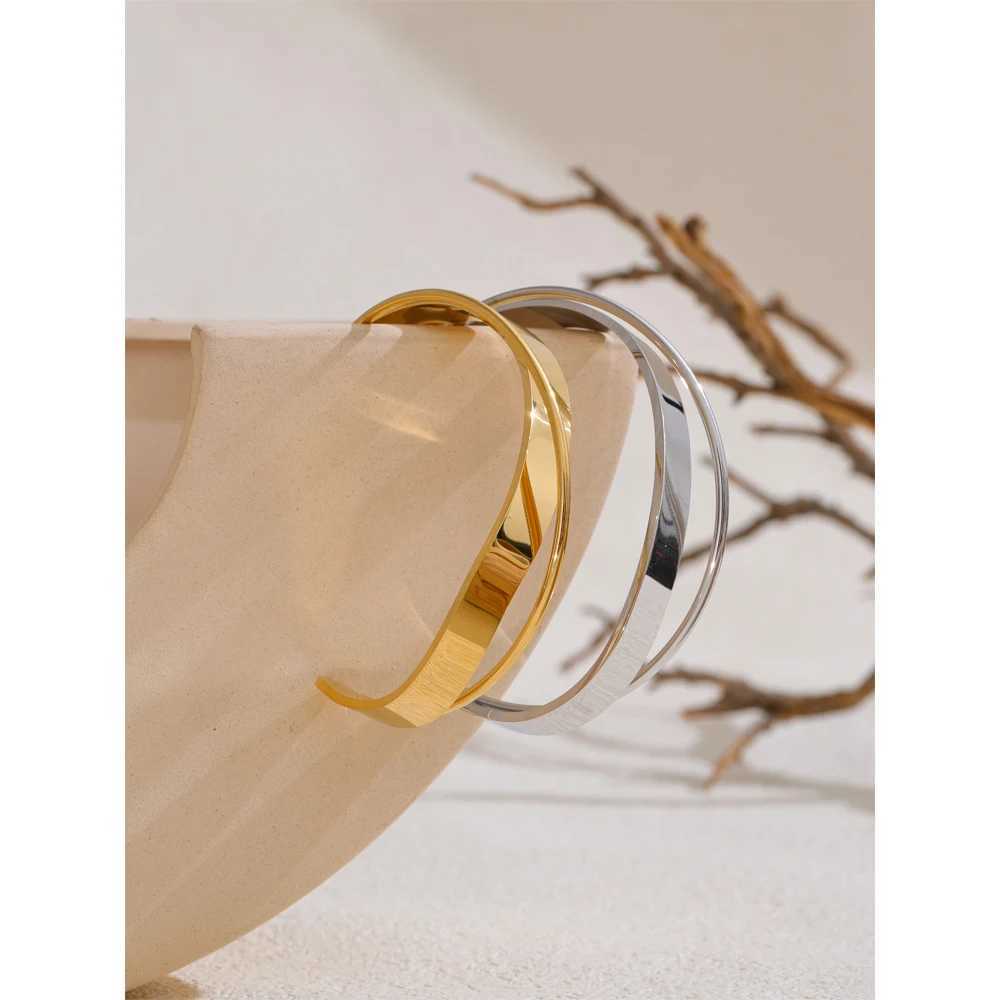 Yhpup Gold Silver Color Stainless Steel Smooth Metal Geometric Cuff Open Bracelet Bangle Waterproof Trendy High Quality JewelryC250411
