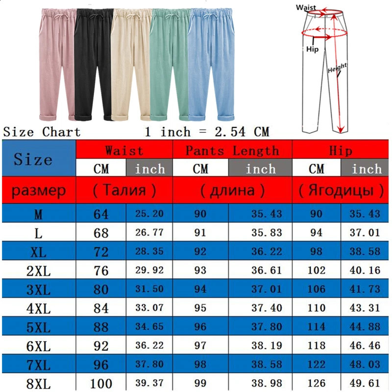 Cotton Linen Pants Elastic Mid Waist Ankle Length Pant Casual Women Loose Spring Pants Female Slacks Size M-5XL 6XL 7XL 8XL 250411