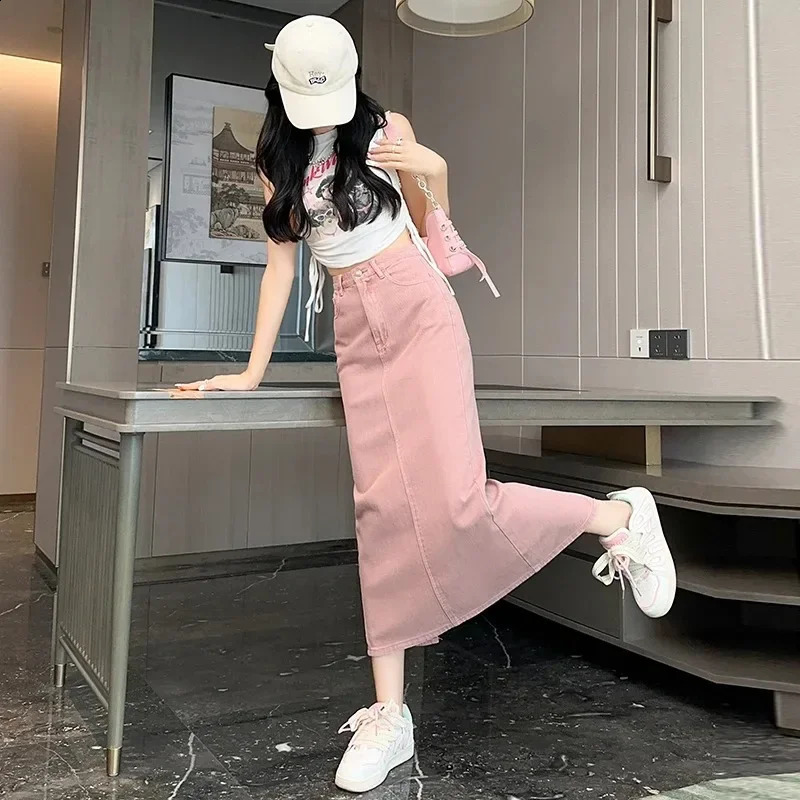 Summer Womens 100% Cotton Denim Shorts Pink High-waisted Slit Retro Elegant Fashionable Casual Denim Long Skirt Female 250407