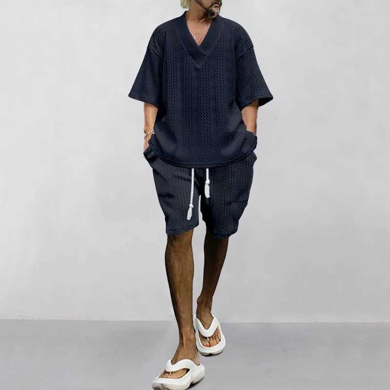 New casual loose one seventh sleeve jacquard V-neck top mens beach vacation set European size 2-piece setXJ250412