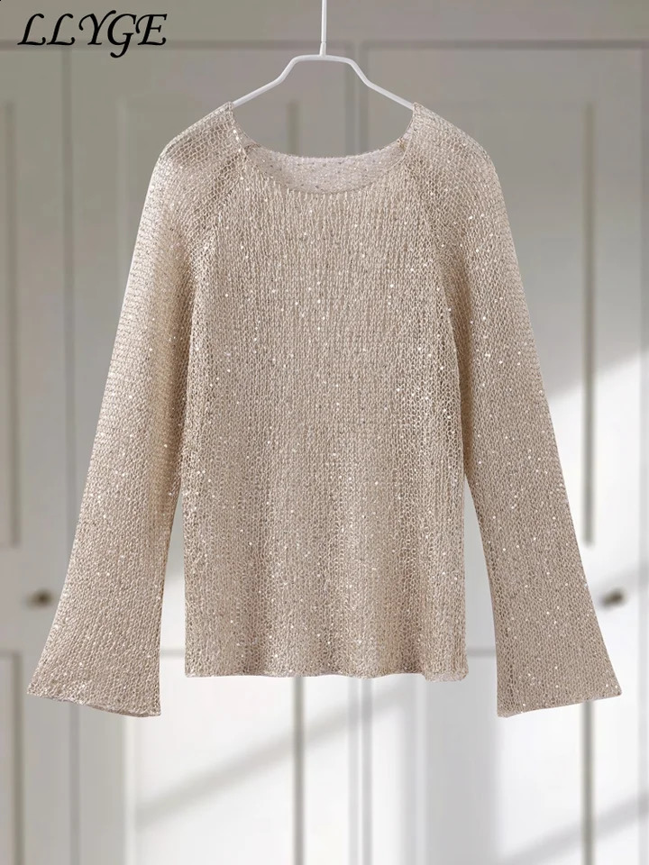 Fashion Womens Sequins Knit Hollow Out Pullovers Loose O-neck Long Sleeve Female Sweaters 2025 Spring Lady Shinny Chic Shirts 250411