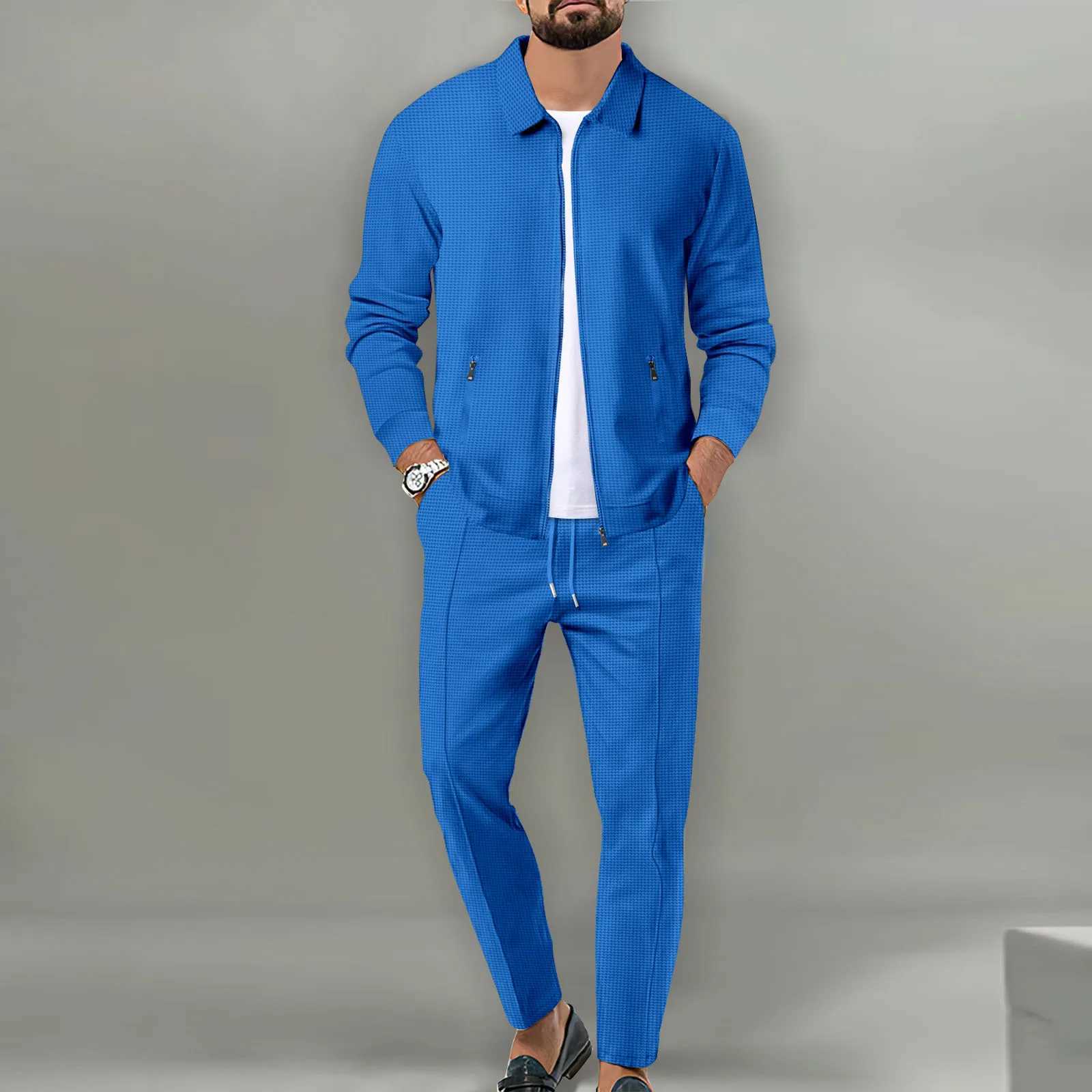 New mens jacket polo shirt 2 sets long sleeved casual fashion commercial breathable lapel pants drawstring solid color mens 2 setsXJ250412